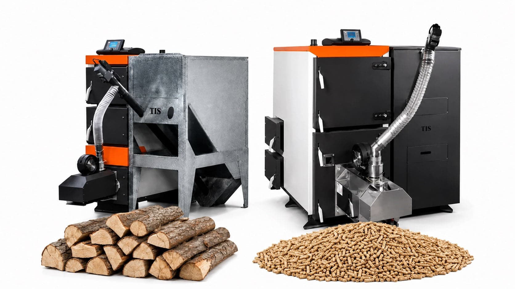 Automatic pellet boiler with wood logs and pellets.
