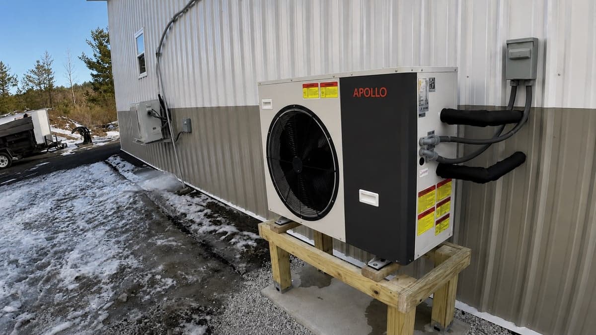 Apollo 3.5 ton air to water heat pump mounted outdoors on a wood stand beside a workshop.