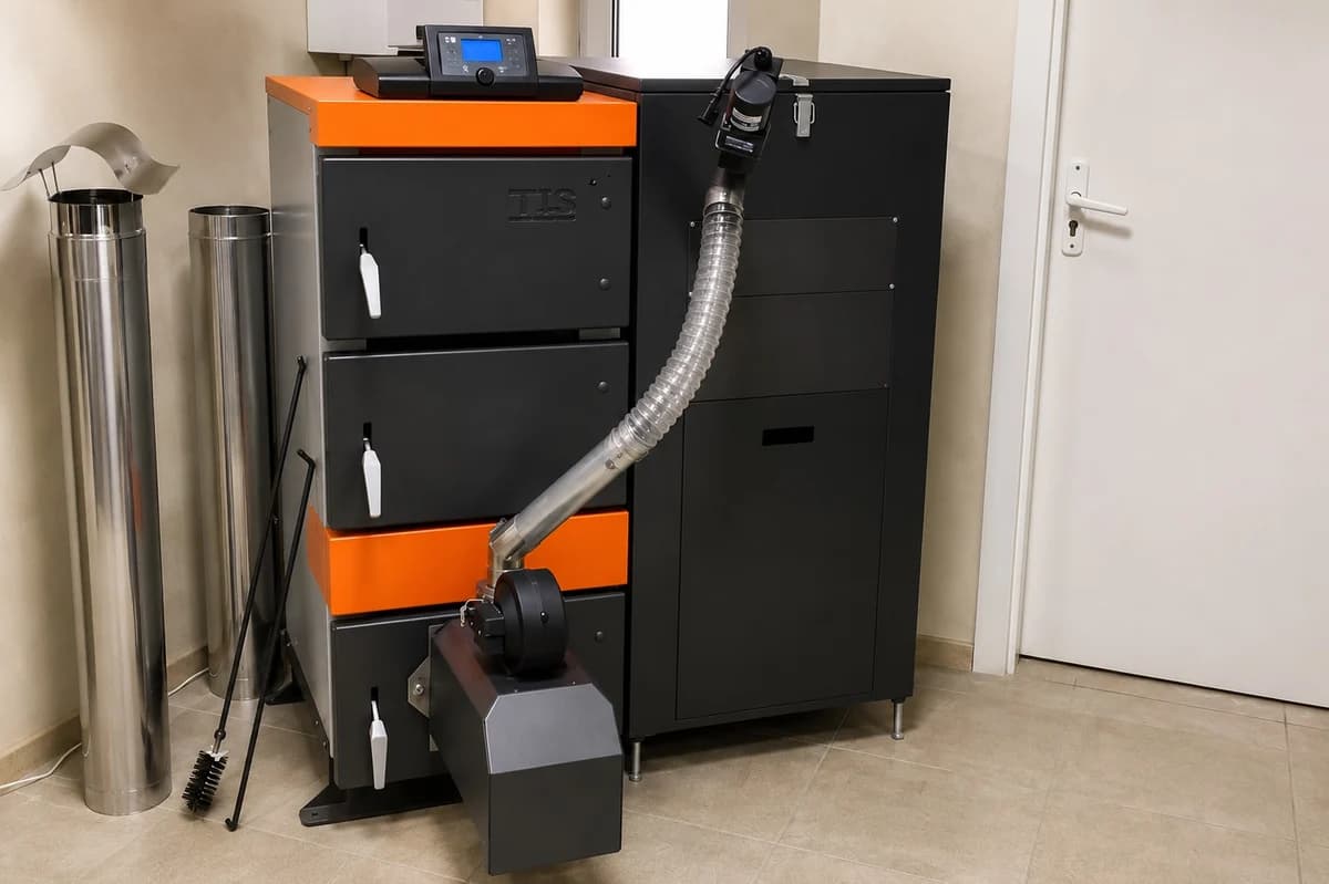 Pellet boiler with fuel hopper and suction feed line installed in a finished mechanical room.