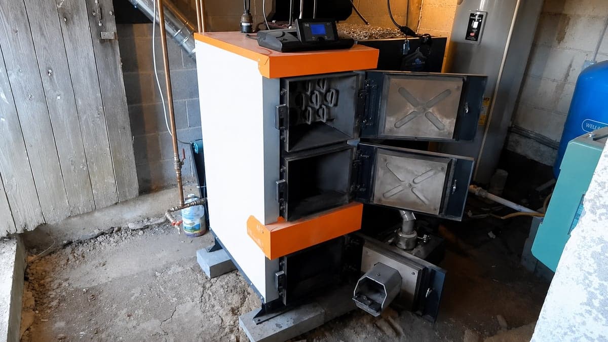 Pellet Duo boiler with its combustion chamber and heat exchanger access doors open.