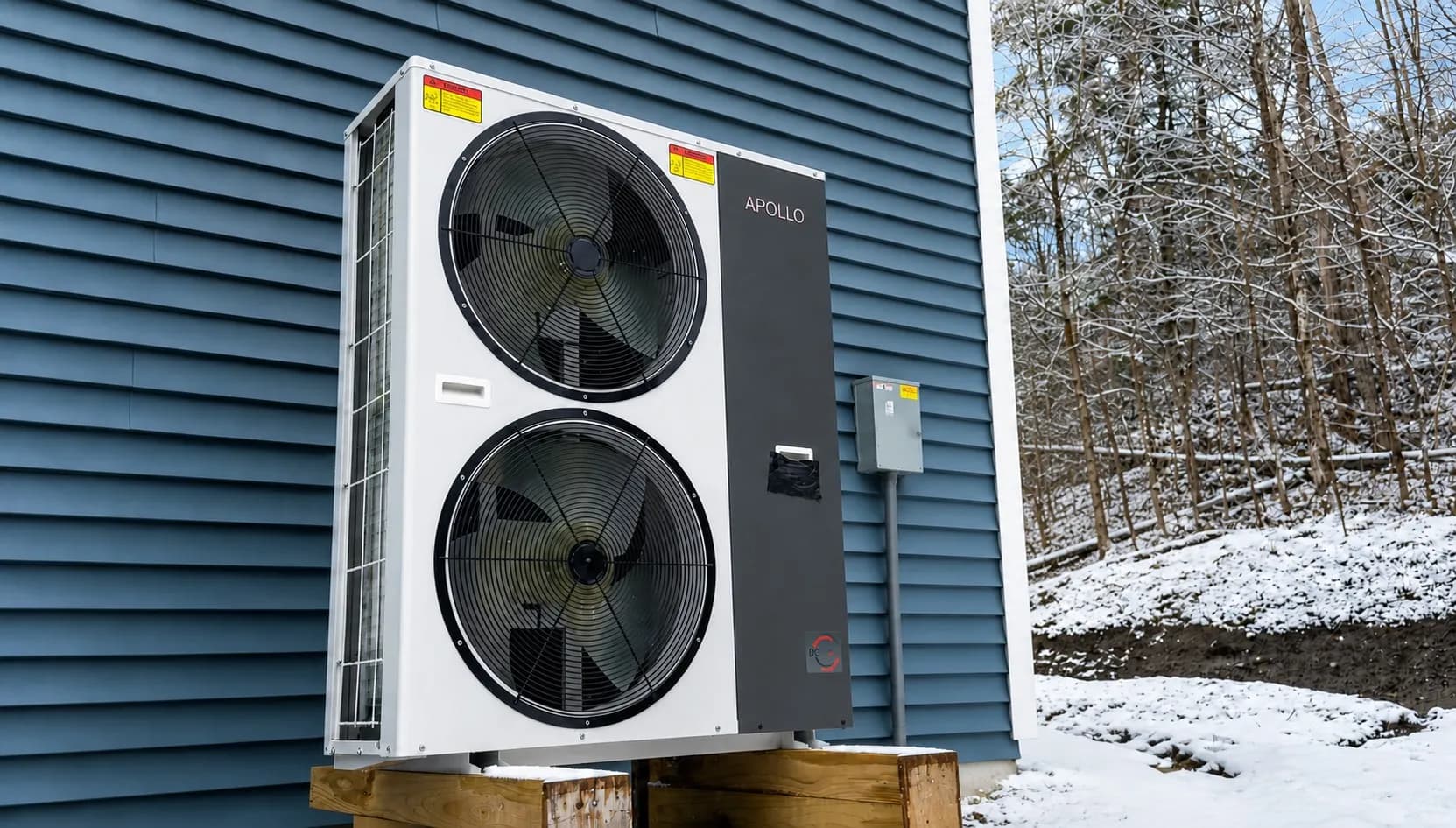 Apollo 6 ton air to water heat pump installed on a raised wood stand beside a blue-sided home in snow.