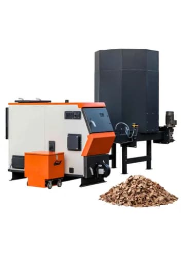 BIO DUO wood chip boiler next to a pile of wood logs