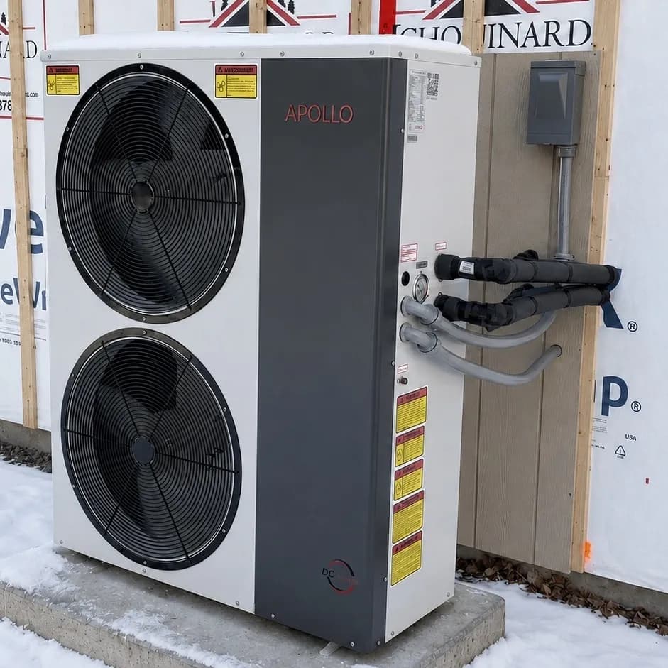 Square crop of an Apollo 6 ton air to water heat pump installed outdoors with insulated piping.