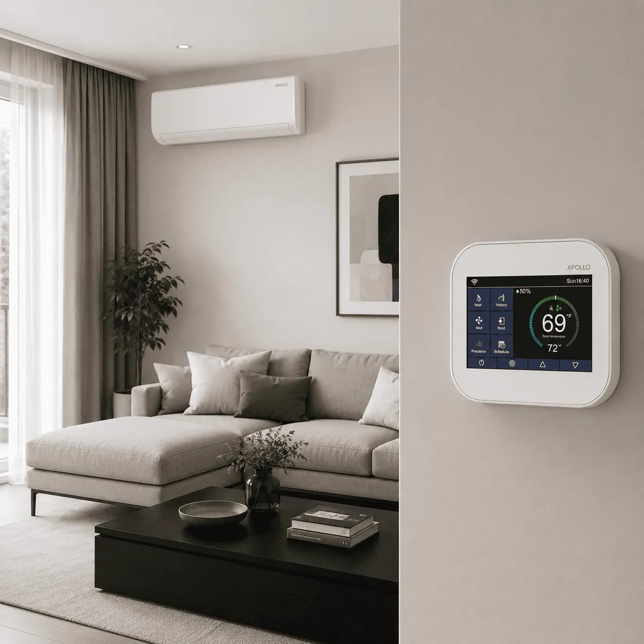 Apollo Wi-Fi fan coil thermostat on a white background.