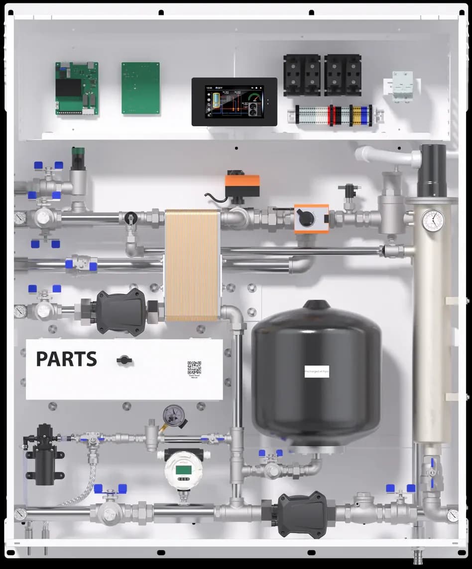 APOLLO Hydro Smart Station hydronic control panel with integrated pumps, controls, backup heat, and service components.