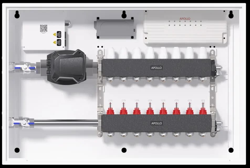 Manifold Station for geothermal radiant floor heating systems.