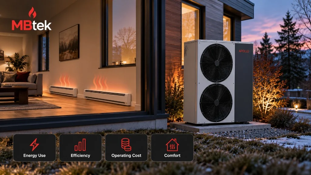 APOLLO heat pump outside a home at twilight, with electric baseboard heaters indoors and labels for energy use, efficiency, operating cost, and comfort.
