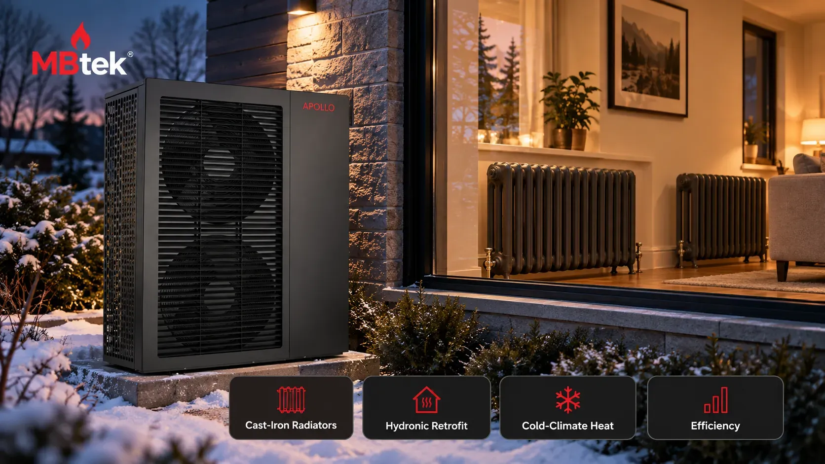APOLLO MAX 5 Ton air-to-water heat pump with cast-iron radiators in a winter home heating scene.