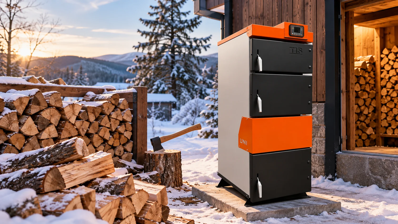 MBTEK UNI wood boiler beside a stacked firewood supply