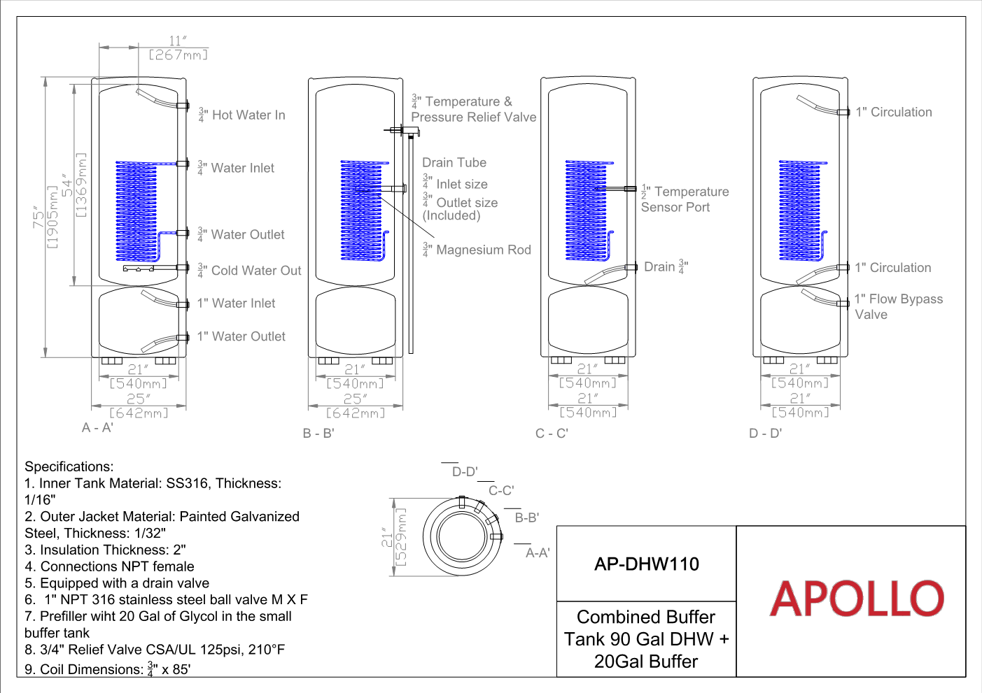 APOLLO DHW110 MAX - Stainless Combined Indirect Water Heater Tank