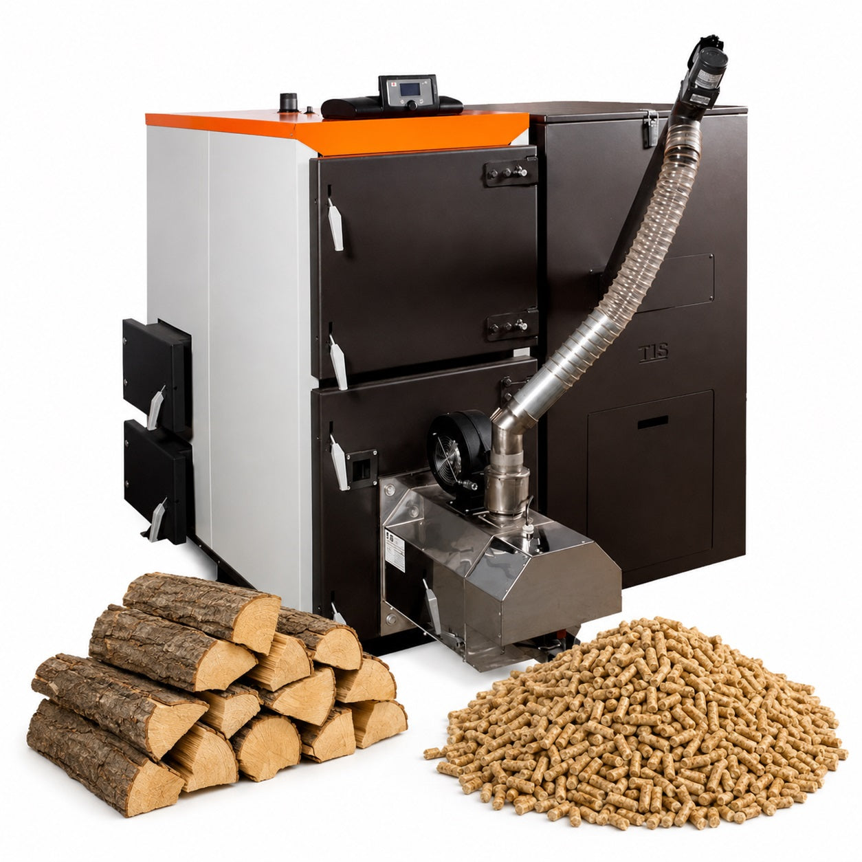 Two Pellet Duo boilers with wood logs and wood pellets, showing dual-fuel heating compatibility.