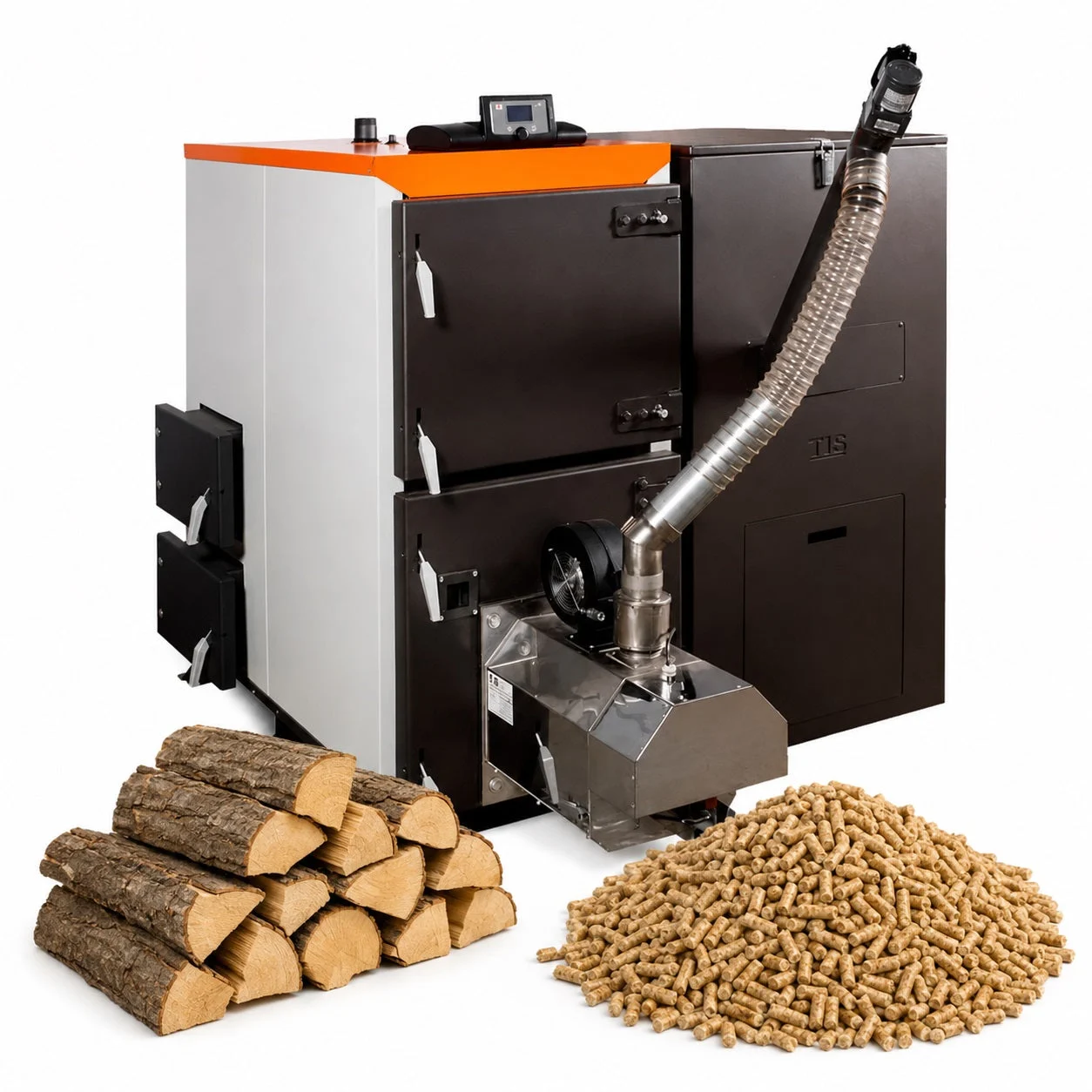 Two Pellet Duo boilers with wood logs and wood pellets, showing dual-fuel heating compatibility.