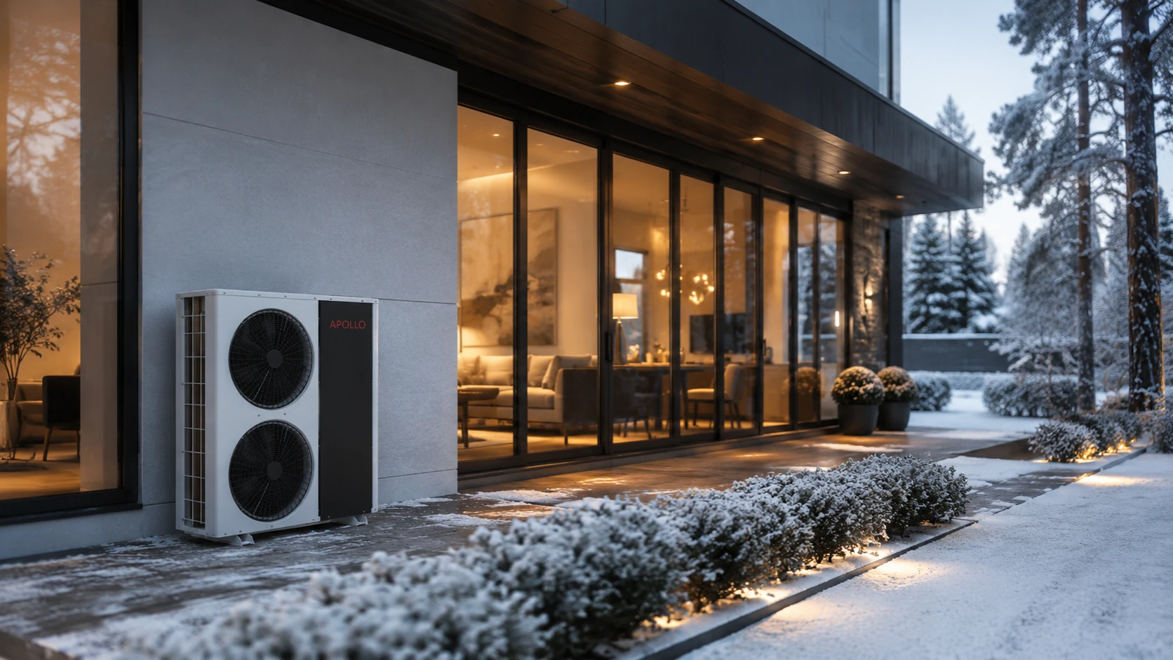 Modern home with an APOLLO heat pump operating in winter snow