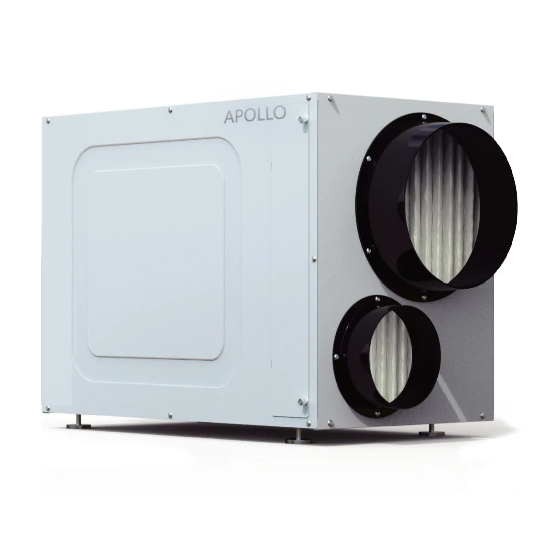 APOLLO whole home central dehumidifier, angled view with duct connections