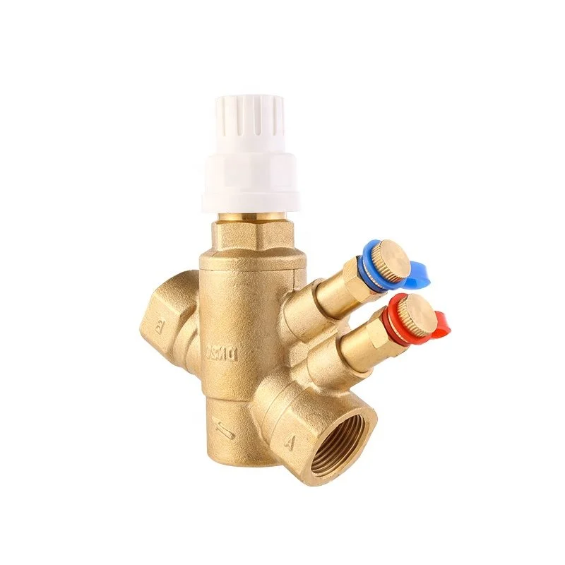 APOLLO brass flow balancing valve, red and blue caps, front view