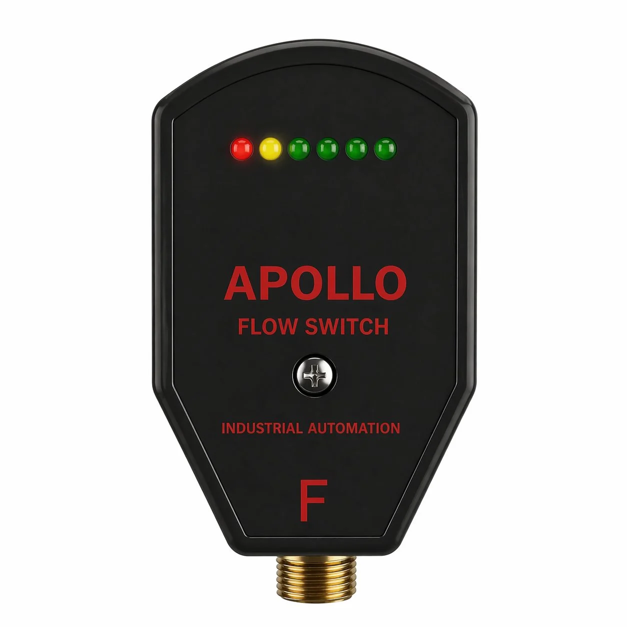APOLLO flow switch, black body, front view with LED indicator ladder