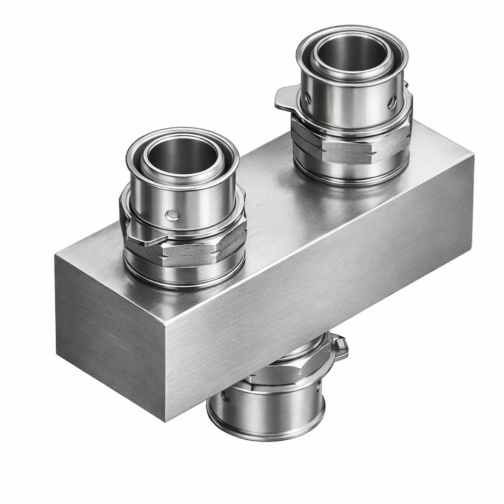APOLLO stainless steel manifold adapter, 3 ton, angled view