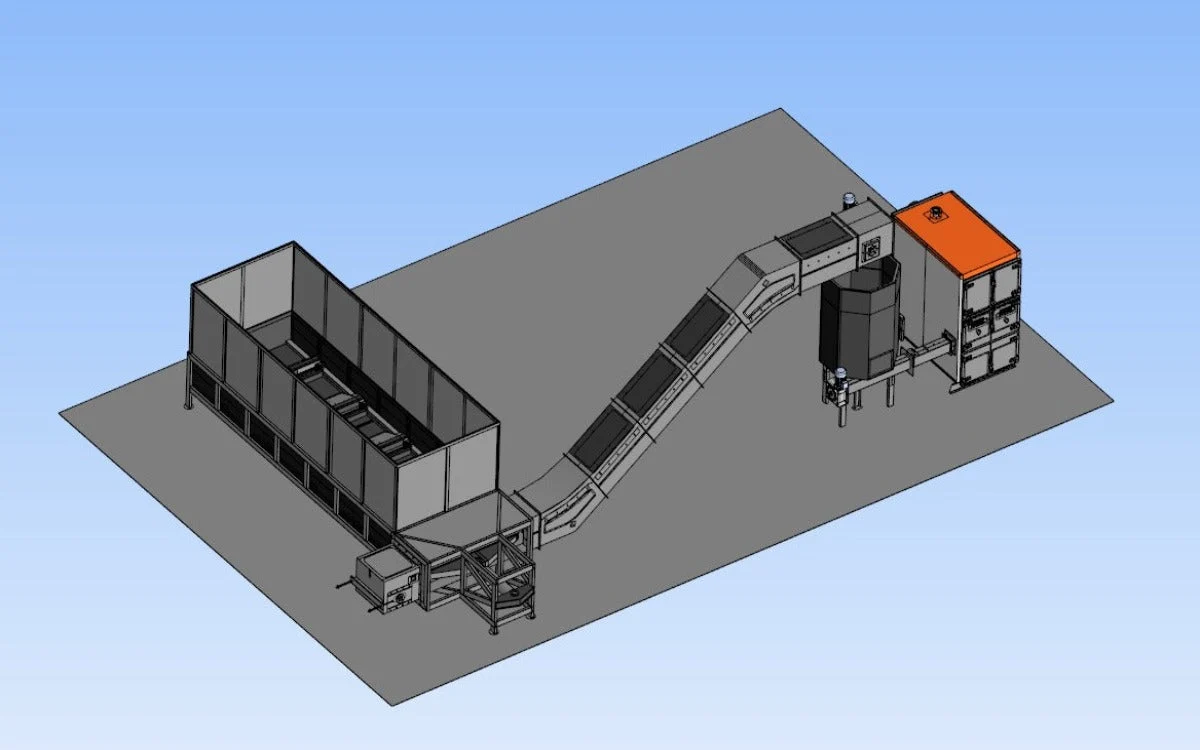 Overview diagram of the boiler conveyor storage system with fuel bin and conveyor