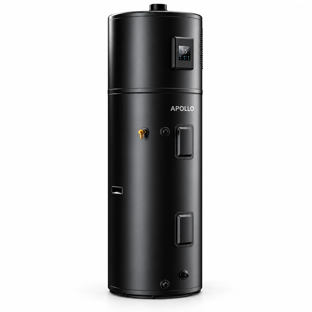 APOLLO hybrid electric heat pump water heater isolated on a white background, with digital control display and front connections.