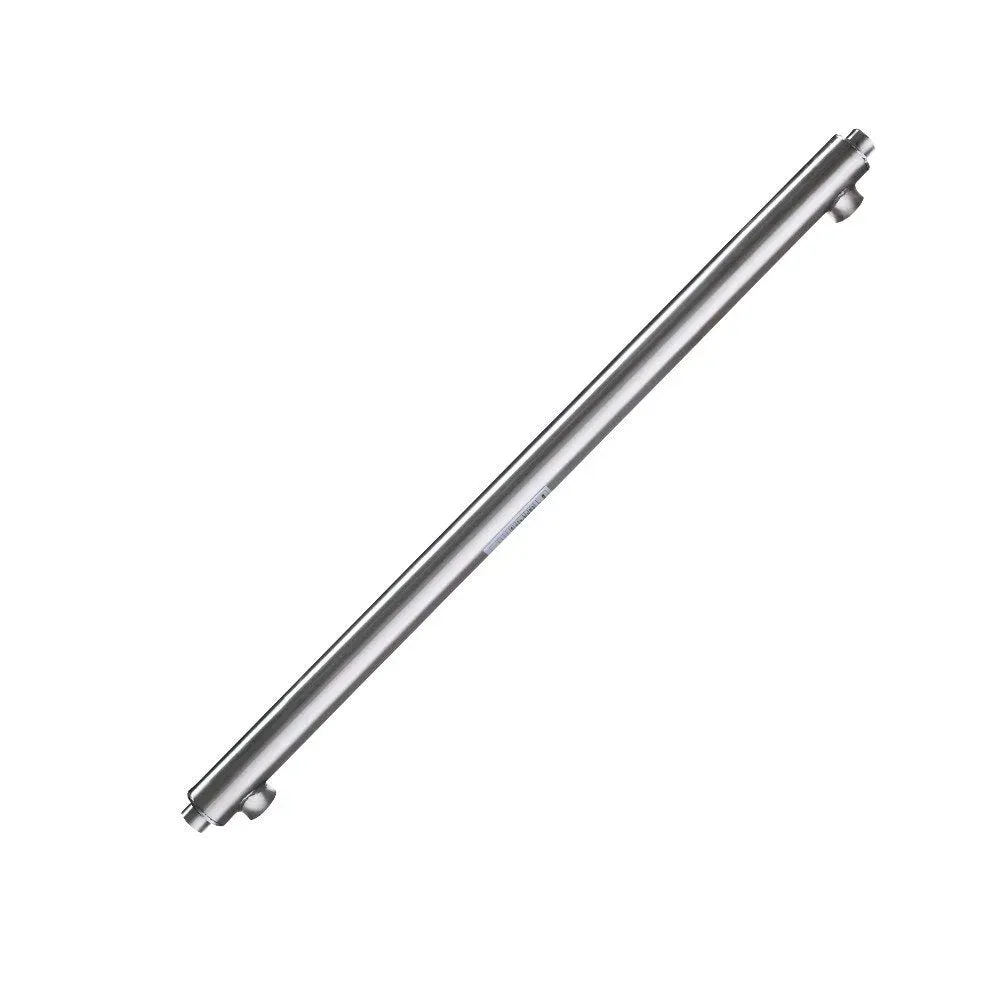 Stainless-steel side-arm heat exchanger shown diagonally with its connection ports.
